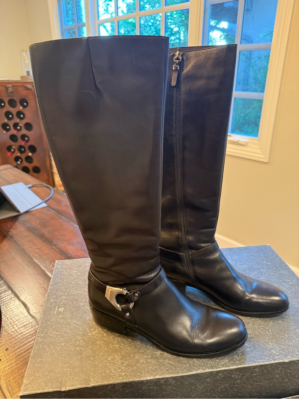Via Spiga Black Leather Knee-High Riding Boots with Buckle Accent